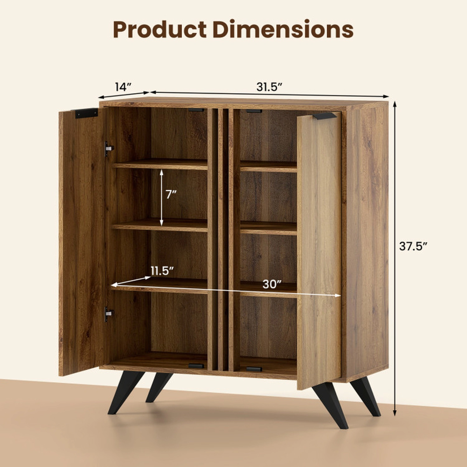 SUGIFT Natural 2 Doors and Ventilated Design 37.5 Inch 4-Tier Freestanding Shoe Cabinet