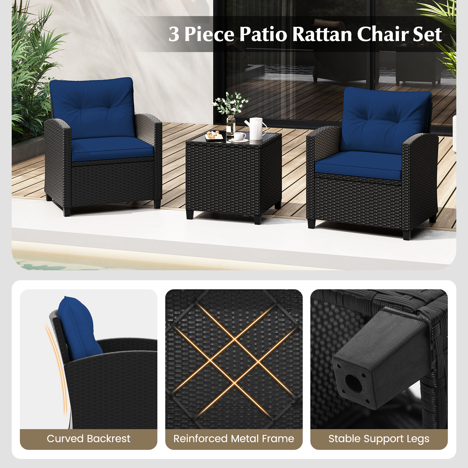 SUGIFT Tempered Glass Table and Cushions 3-Piece Patio Rattan Chair Set