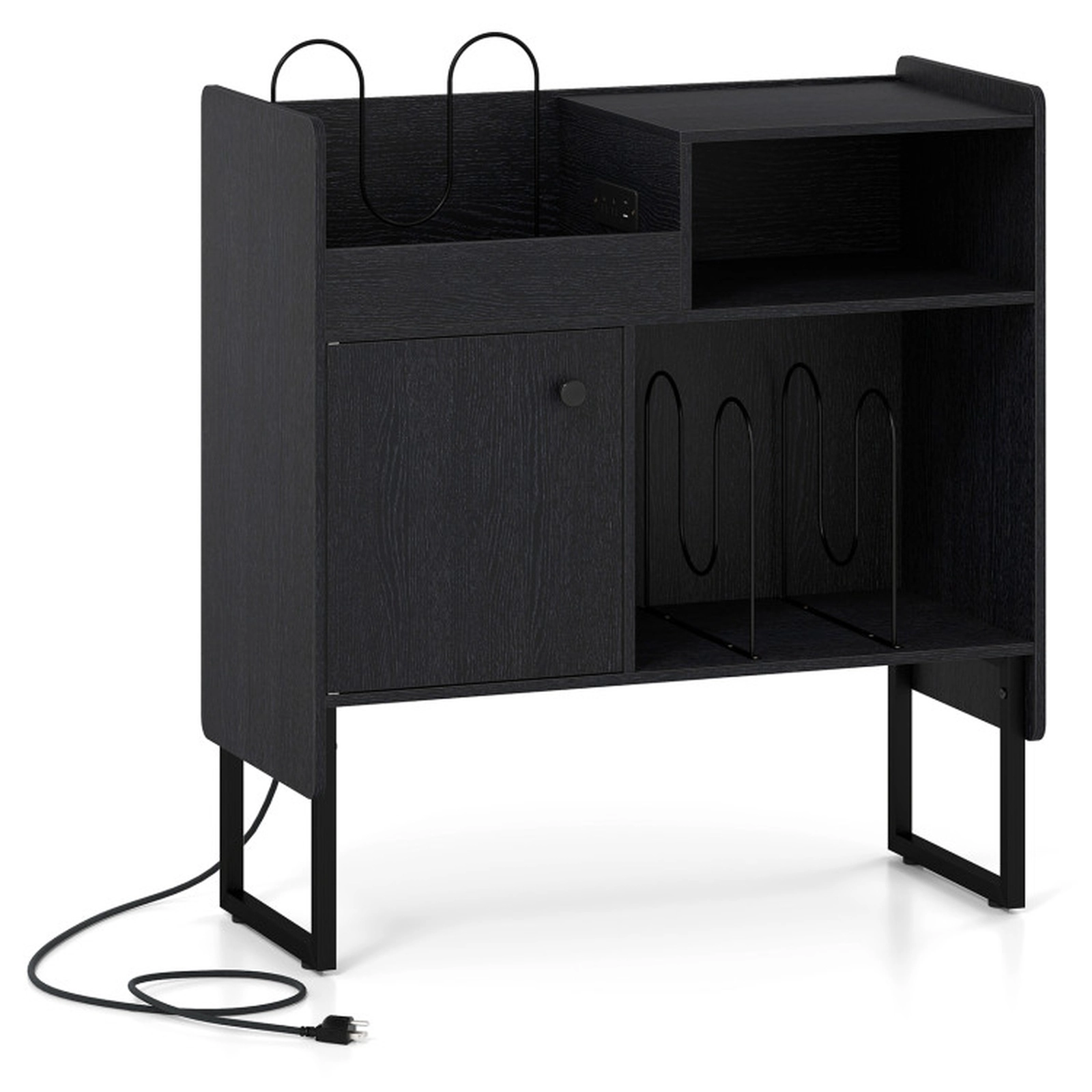 SUGIFT Record Player Stand with Power Outlets & Vinyl Storage Holder up to 250 Albums 400-lb Total Capacity Black/White