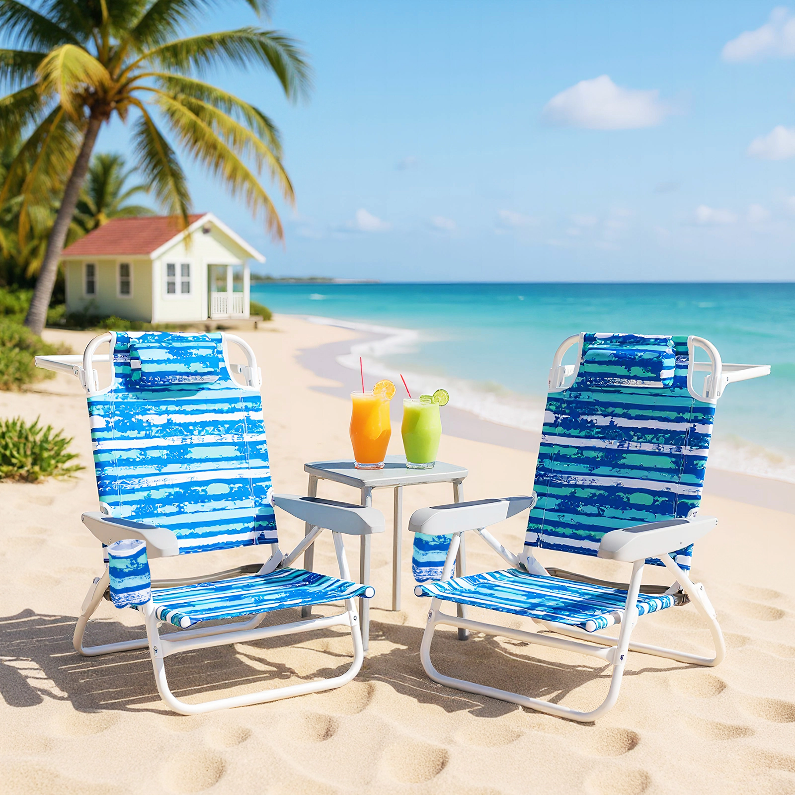 LJG 2 Pack Folding Beach Chair with Adjustable Positions and Head Pillow