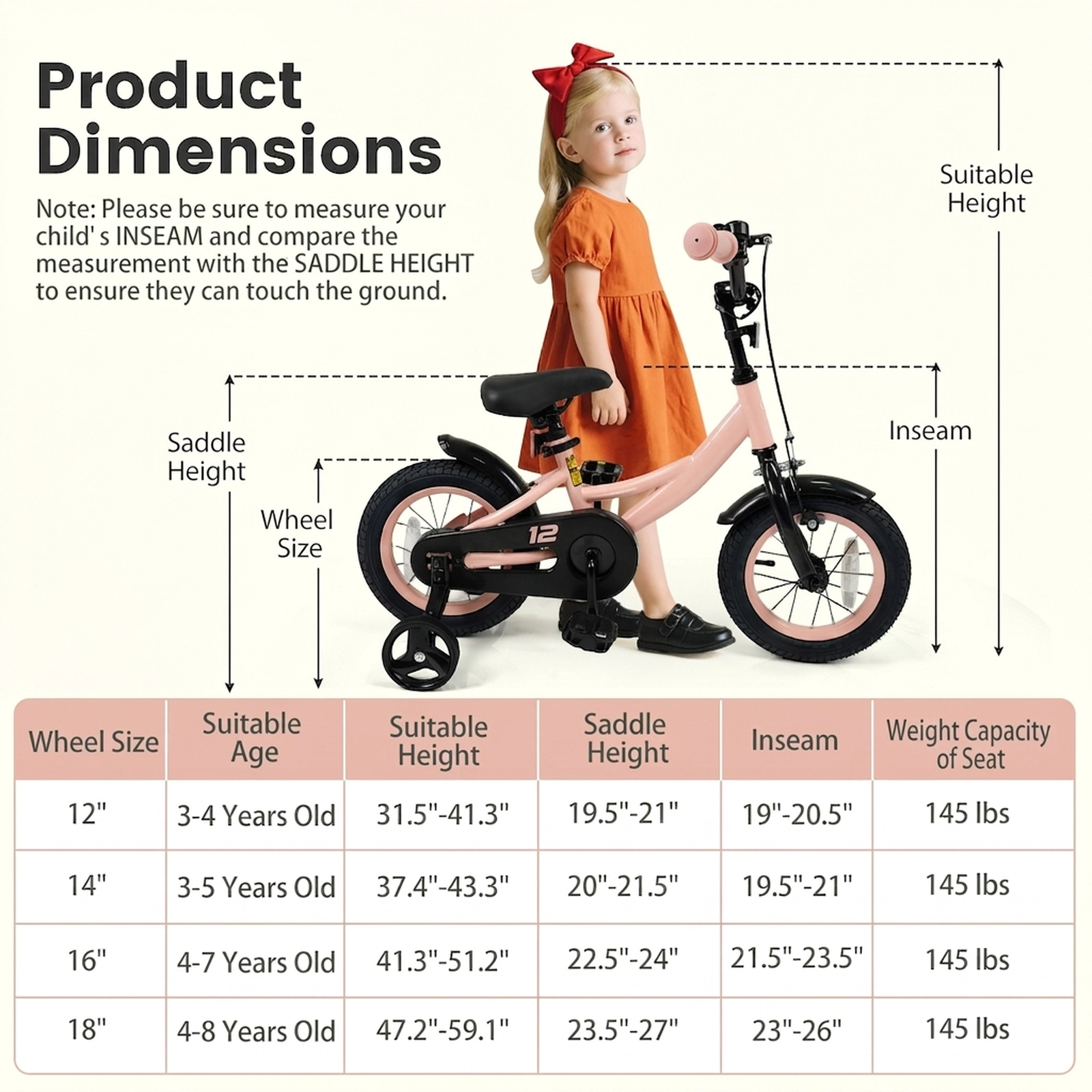 SUGIFT Adjustable Kids Bike with Removable Training Wheels 145-lb Capacity Ages 3-8 Pink