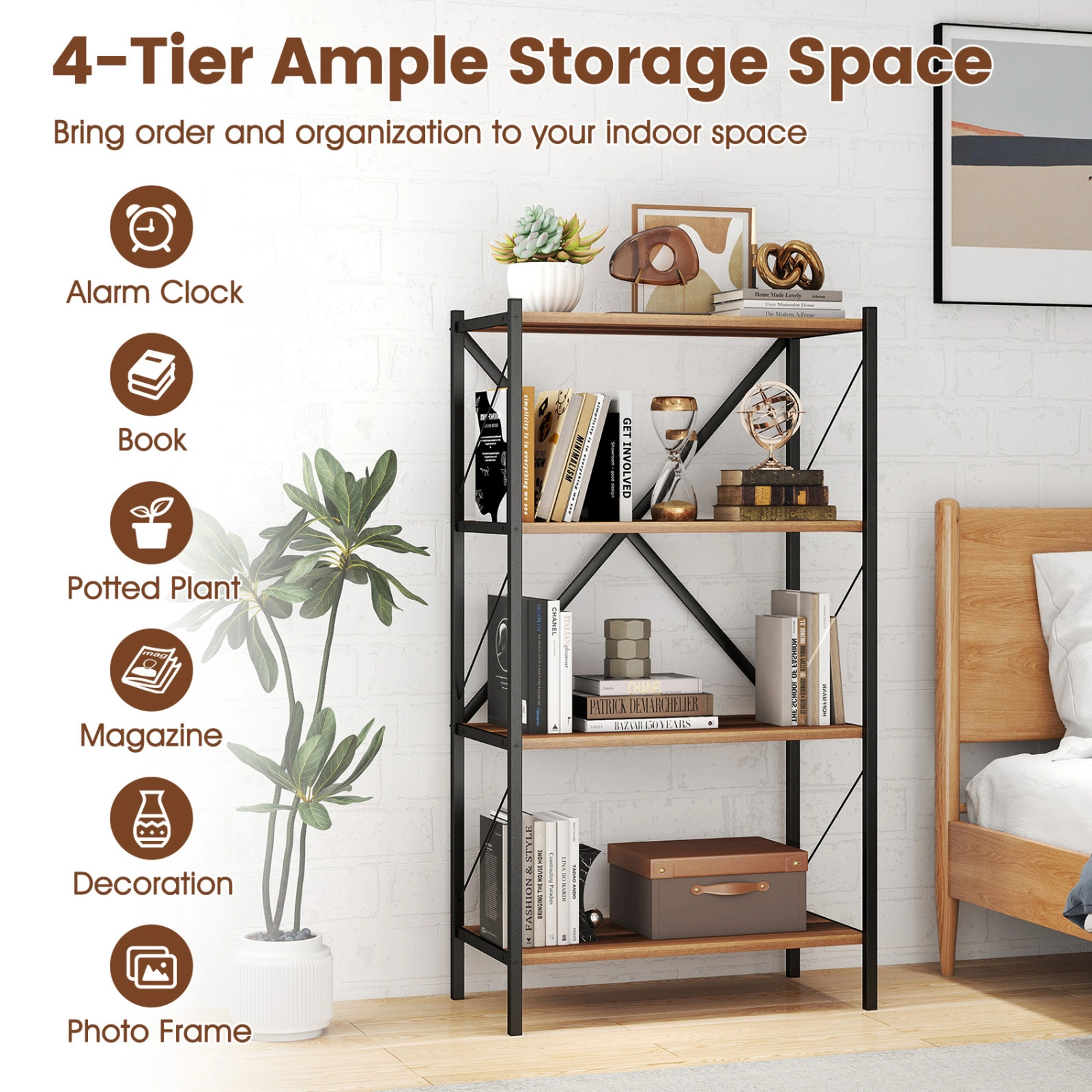 SUGIFT 4-Tier Open Storage Bookshelf with Heavy-Duty Metal Frame 47.5-in Tall 5.5-lb Per Shelf Capacity White/Walnut