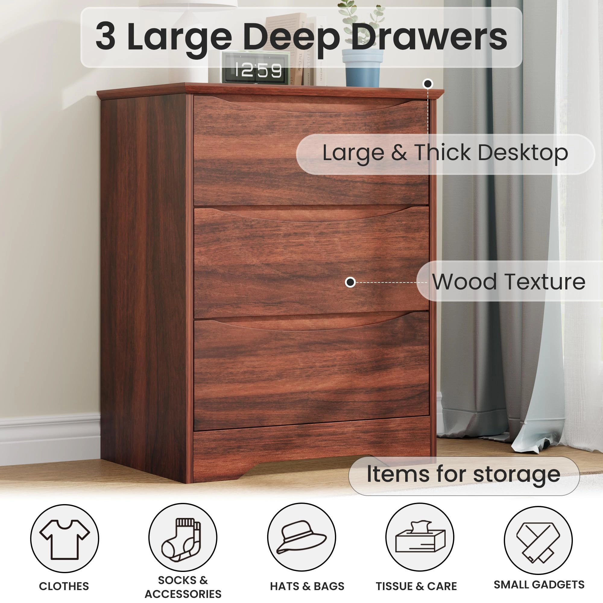 3 Drawer Dresser with Hidden Handles, 29.5" Tall Wooden Storage Chest for Bedroom Living Room Hallway