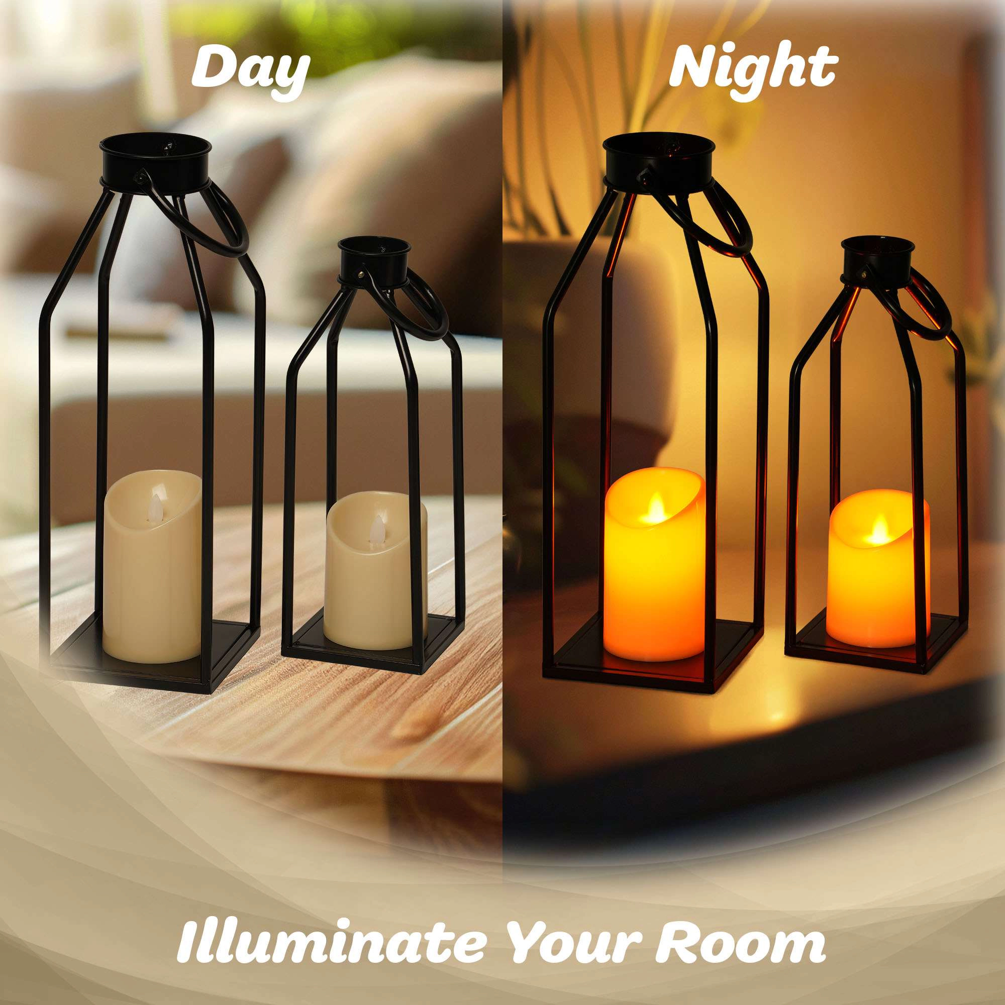 G128 2-Pack Black Metal Flameless Lanterns with Built-In LED Candles, 15in Modern Farmhouse Decor