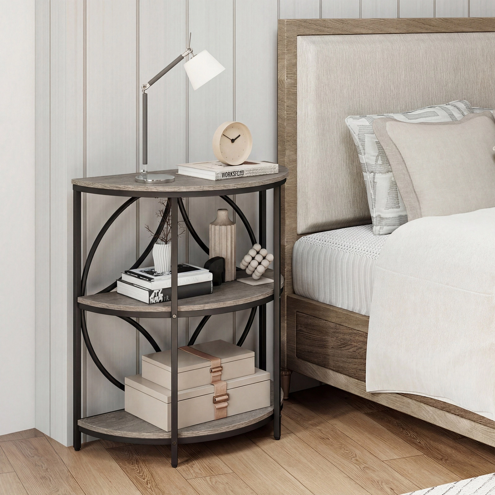 SUGIFT Metal Frame for Living Room 3-Tier Gray Half Round End Table