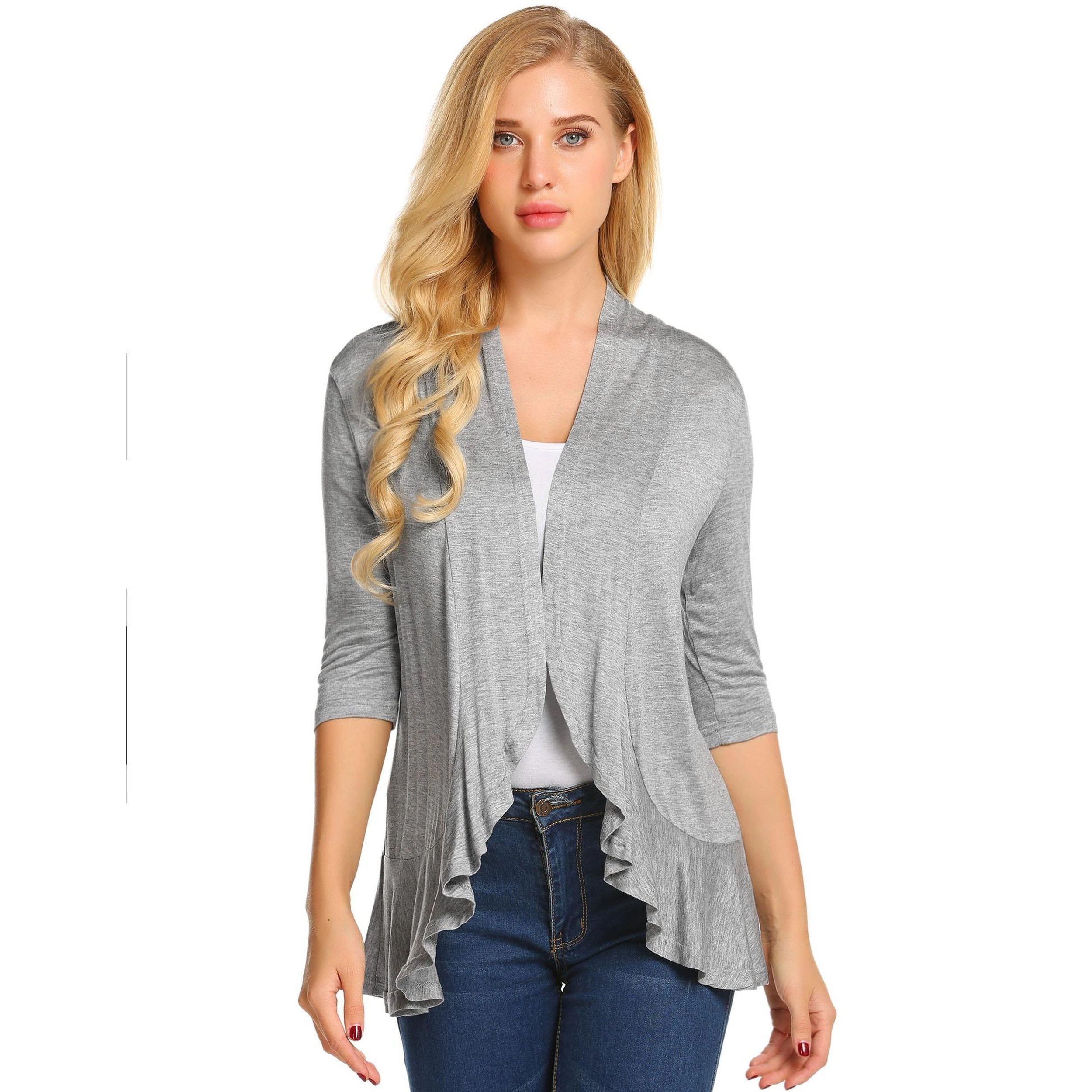 Zeagoo Women's Open Front 3/4 Sleeve Draped Ruffles Knit Cardigan