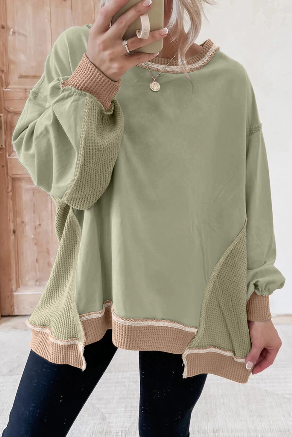 Threaded Pear Women's Maelynn Waffle Patchwork Oversize Sweatshirt