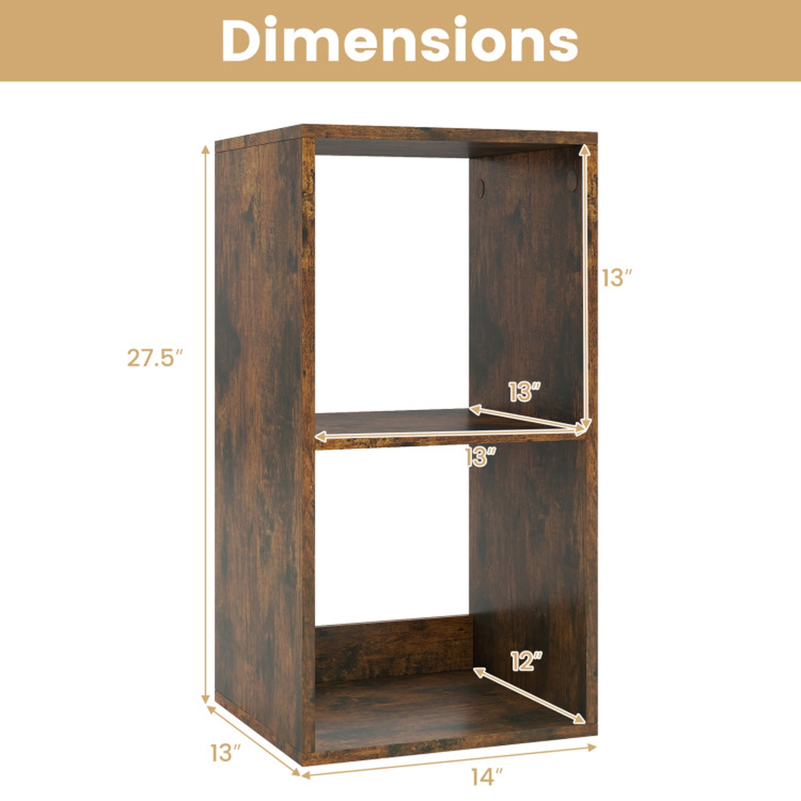 SUGIFT 2-Cube Engineered Wood Bookcase with Back Guardrail 110-lb Capacity 27.5-in Tall 14 x 13 x 27.5 in Rustic Brown
