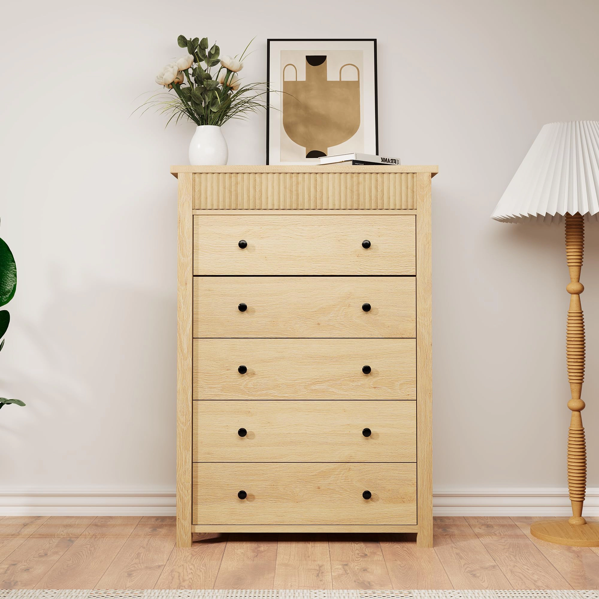 Modern Fluted 5 Drawer Tall Dresser, 31.5" Wide Wooden Storage Chest for Bedroom