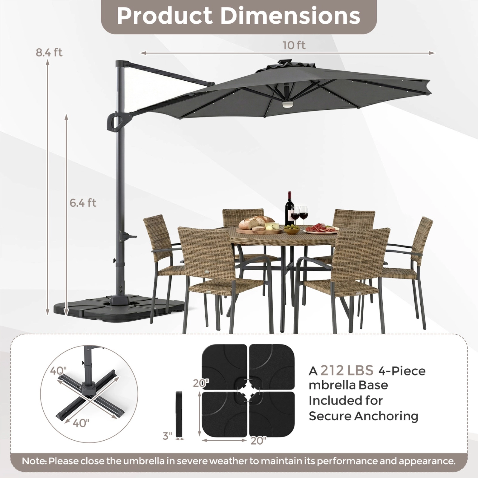 SUGIFT 10-ft Gray Offset Cantilever Patio Umbrella with 35 Solar LED Lights and 220-lb Fillable Base for Deck