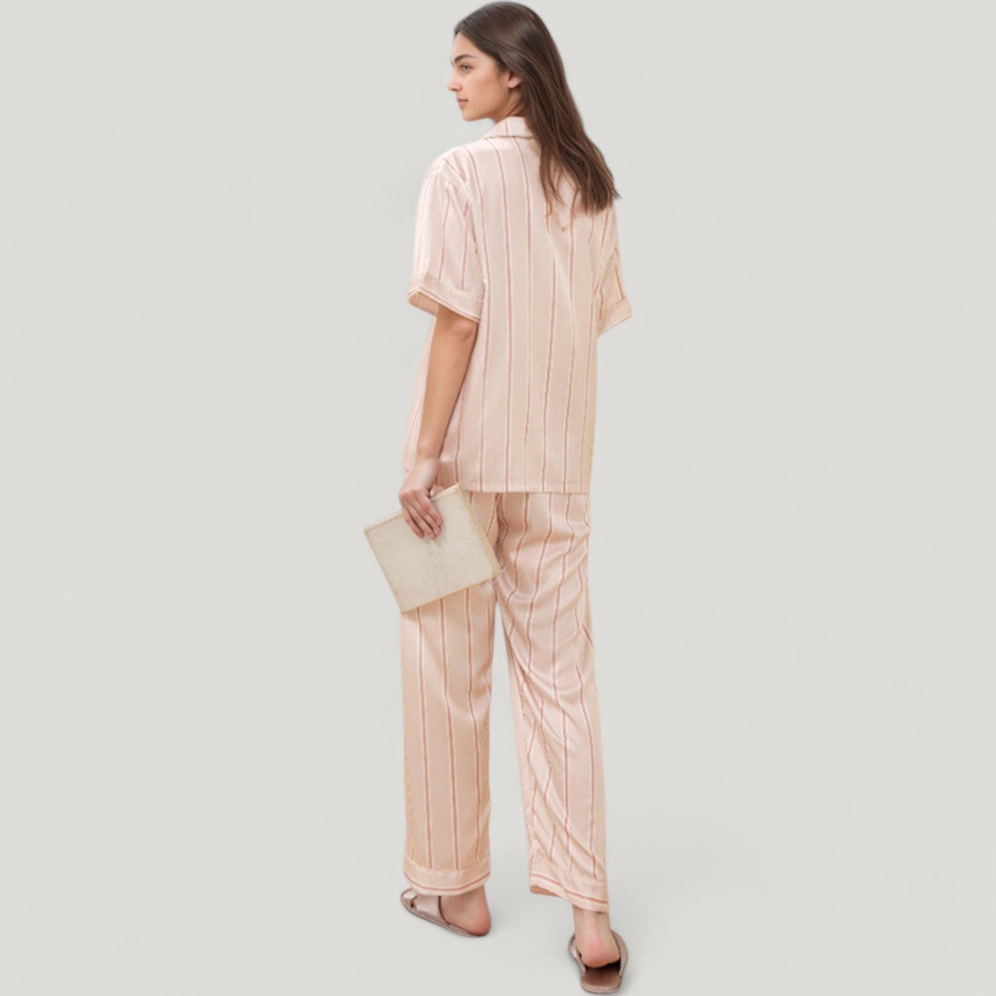 Anna-Kaci Women's Striped Pajama Set with Embroidered Bunny Detail Short Sleeve Button Up Top and Full-Length Pants