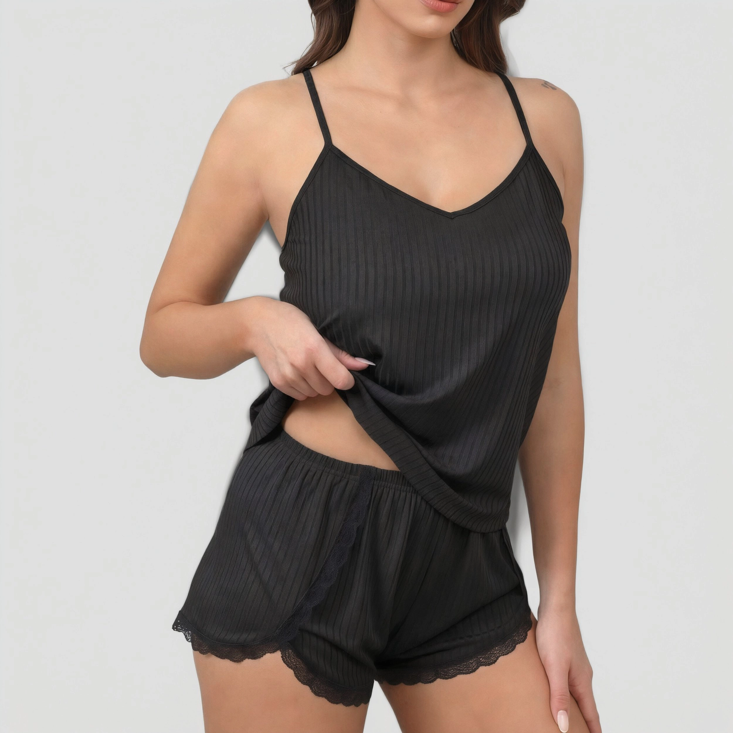 Ekouaer Womens Pajama Sets Soft Ribbed Lingerie Sleepwear 2 Piece Cami Shorts Set V-Neck Pjs