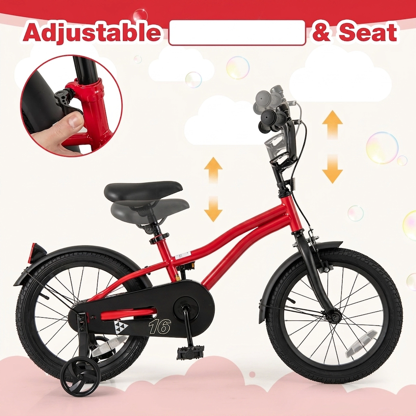 16-in Kids Bike with Detachable Training Wheels Non-Slip Pedals Reflectors and Bell for Ages 4-7 Adjustable Kids Bicycle