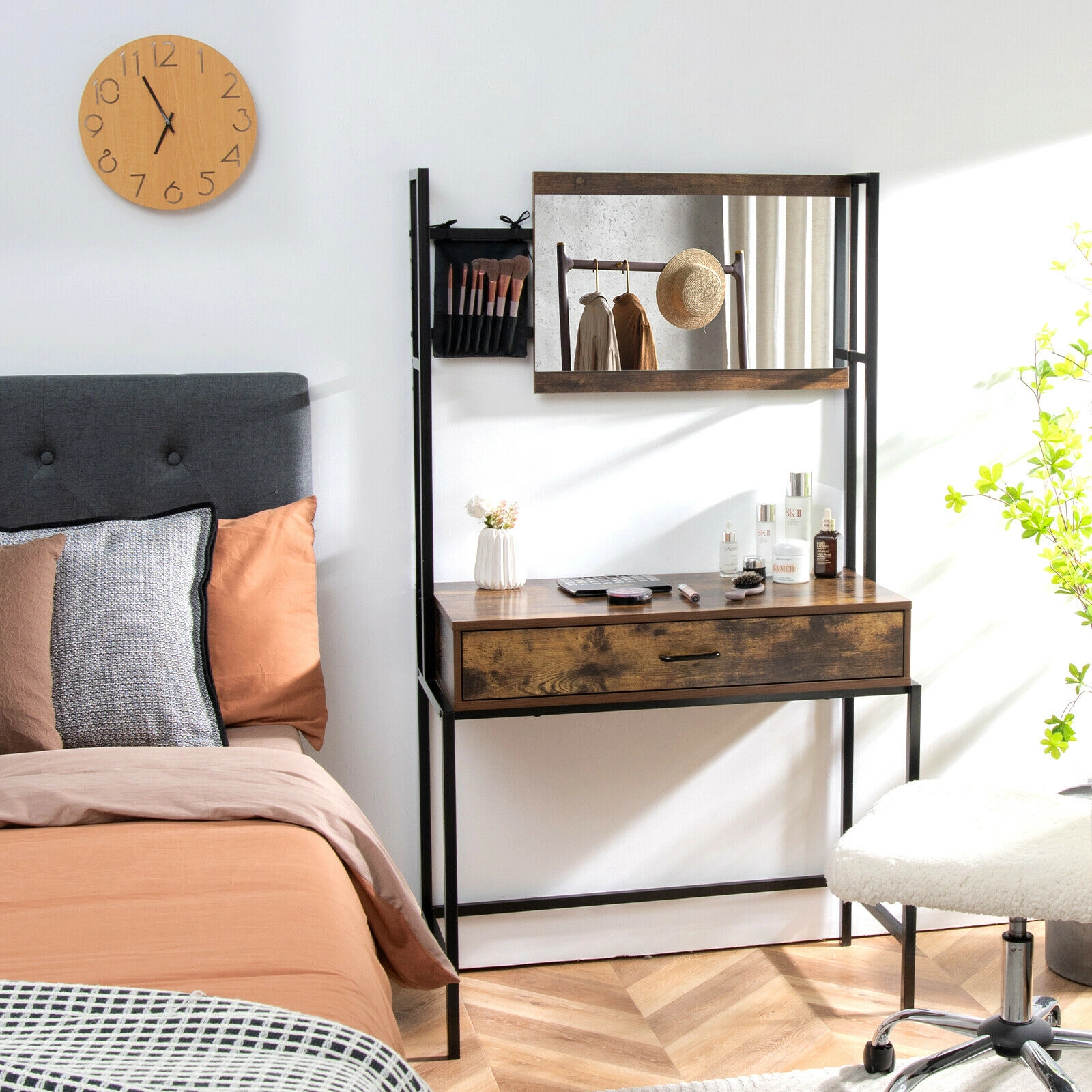 SUGIFT Industrial Vanity Table Brown with 3-Height Adjustable Mirror and Metal Frame