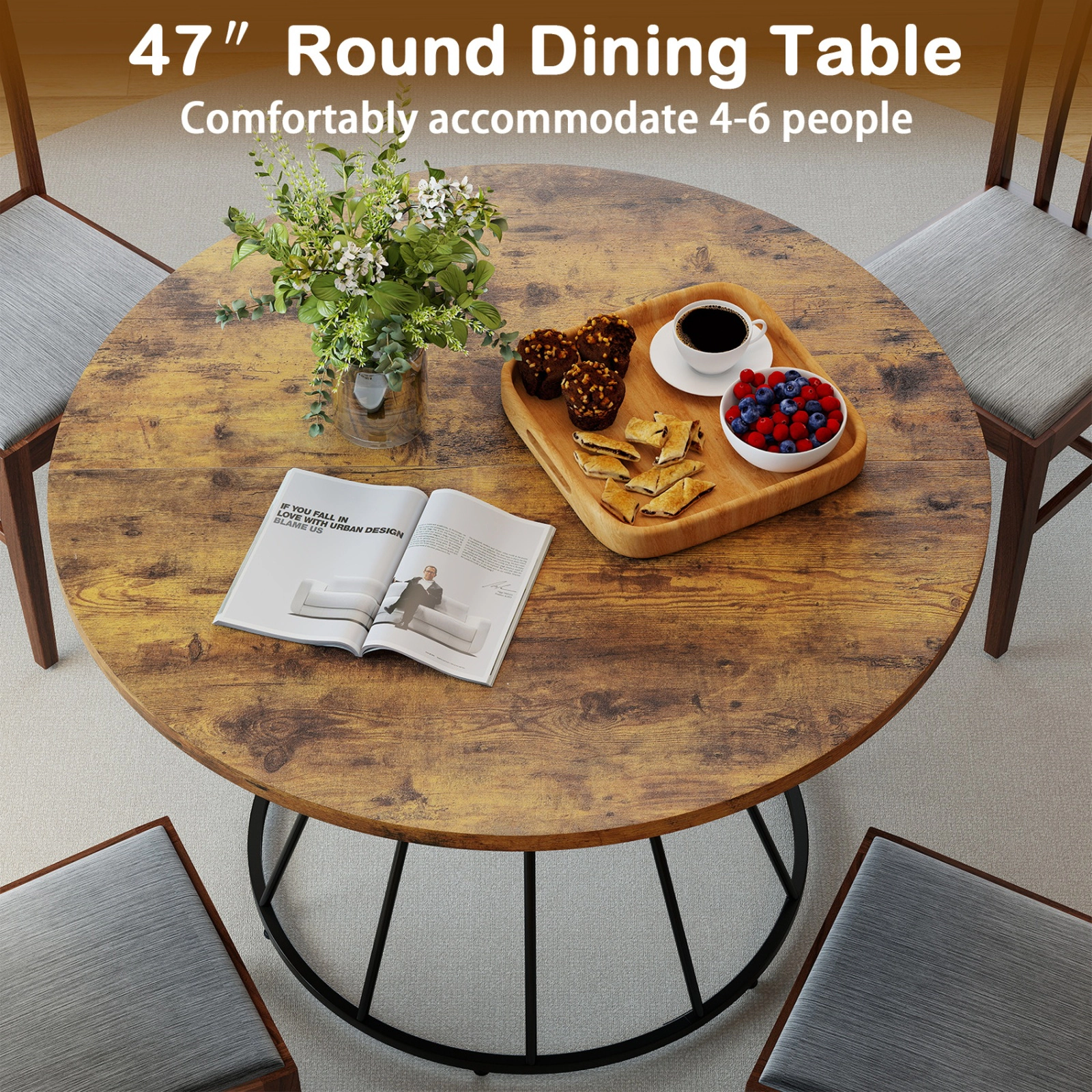 SUGIFT 47-Inch Brown Round Farmhouse Dining Table, Wooden Top, Curved Metal Base, Seats 4 to 6