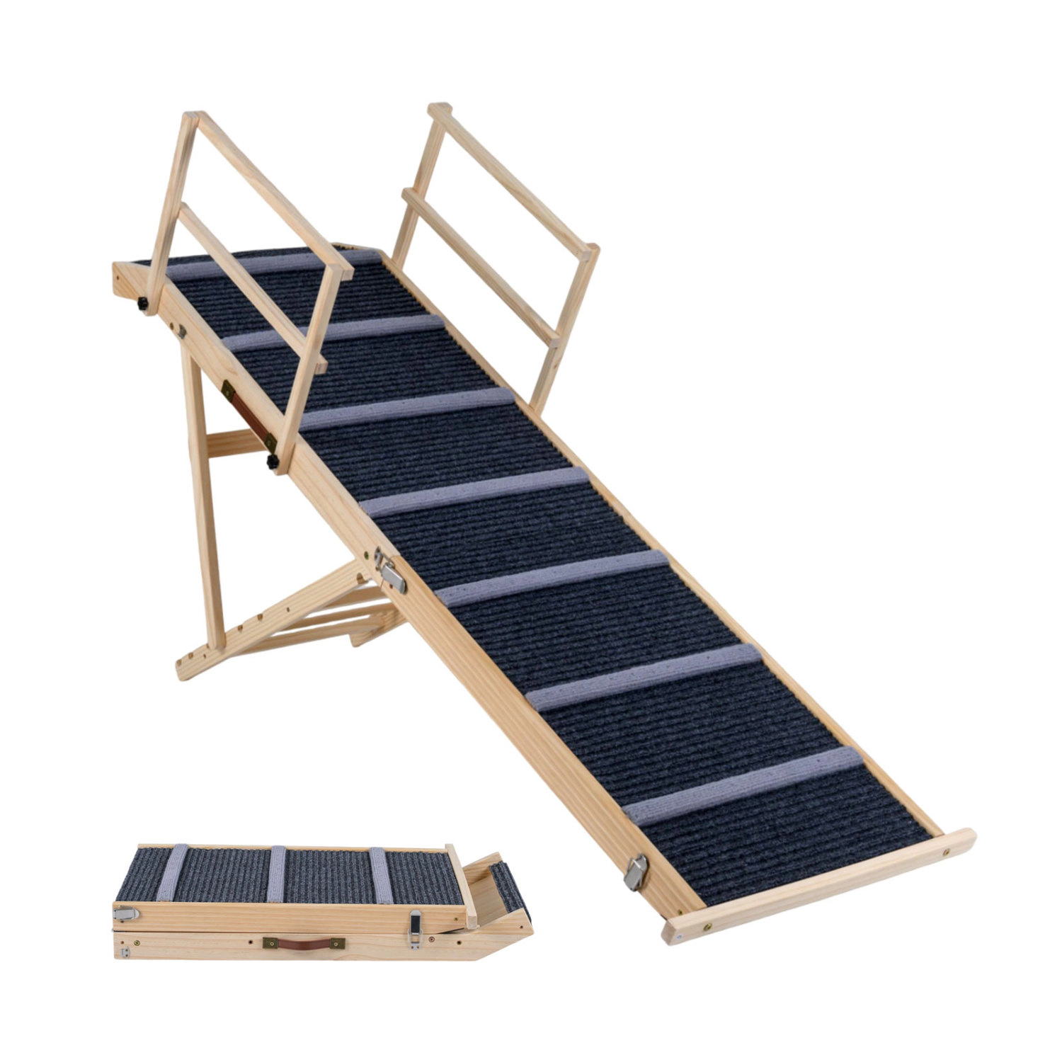 SUGIFT 6-Level Height Adjustable Foldable Pet Ramp for High Bed or Couch 145-lb Capacity 62.5-in Long Dark Gray
