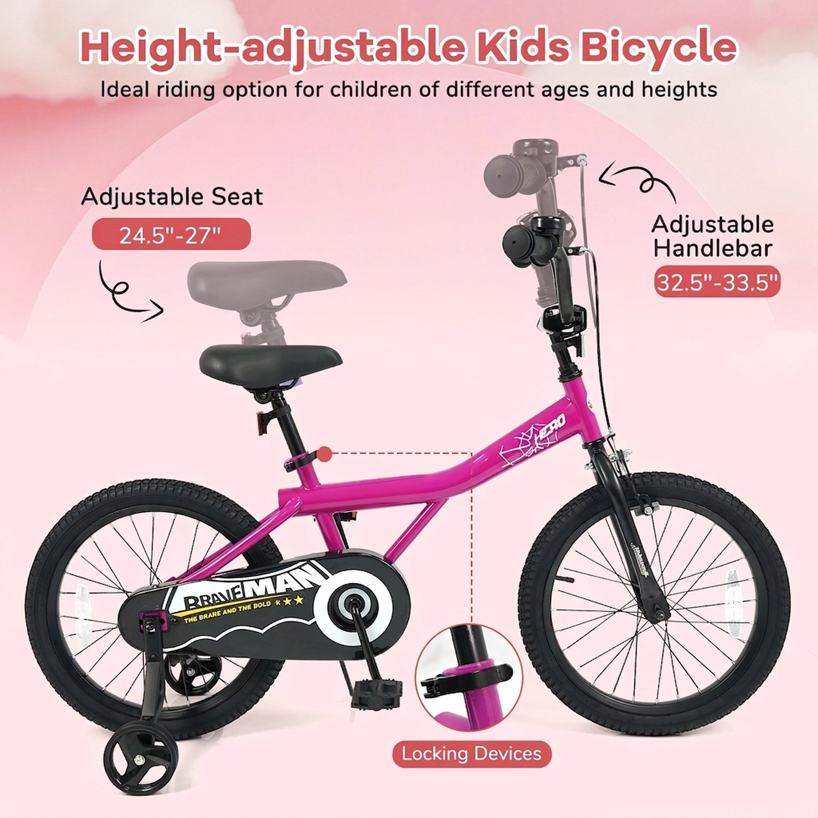 18-in Kids Bike Removable Training Wheels Kickstand Adjustable Seat and Handlebar Enclosed Chain Guard Ages 4-8 Pink
