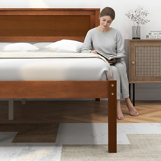 SUGIFT Full Platform Bed Frame, Walnut Wood Headboard, 16-Inch Footboard