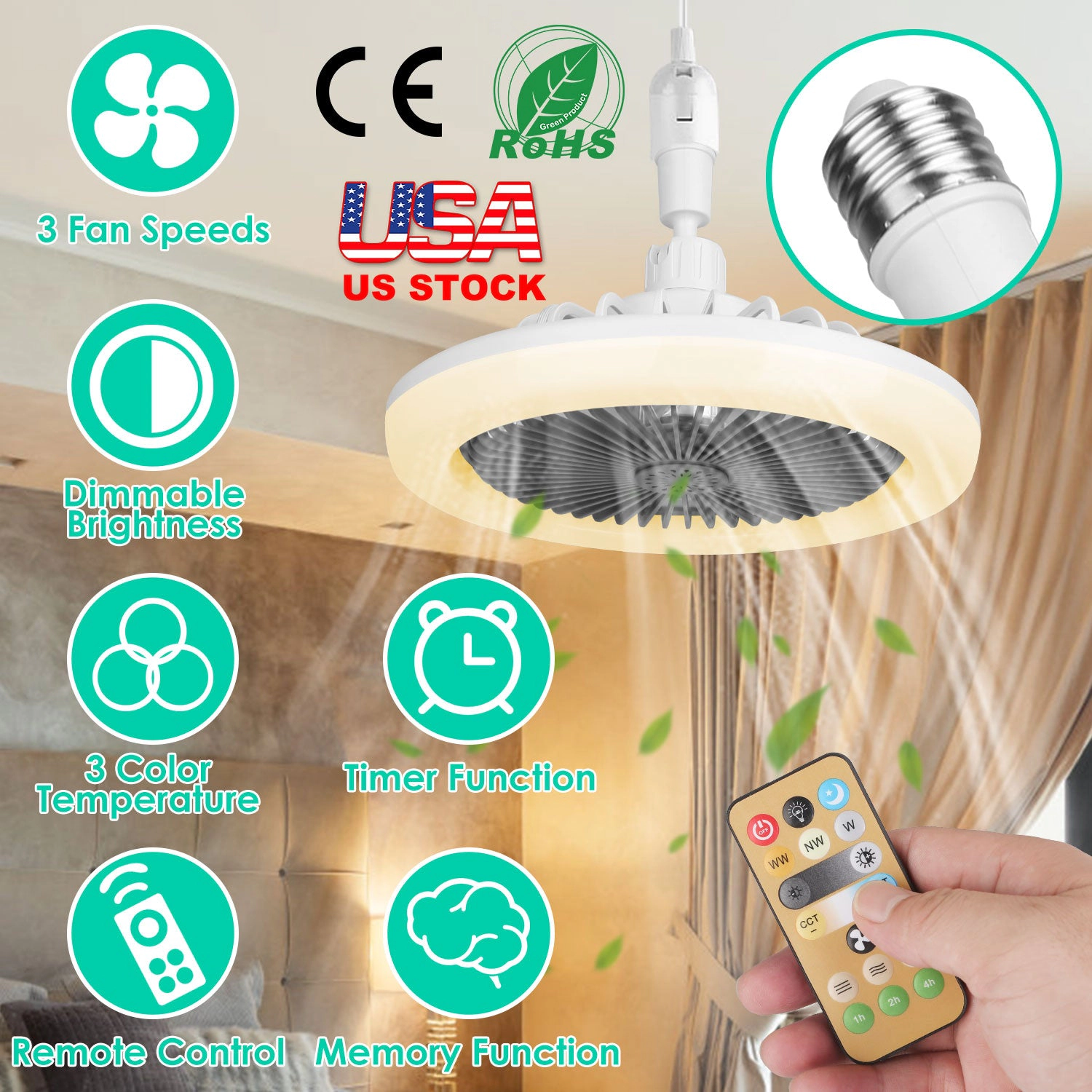 GBruno Dimmable Socket Ceiling Fan With Remote