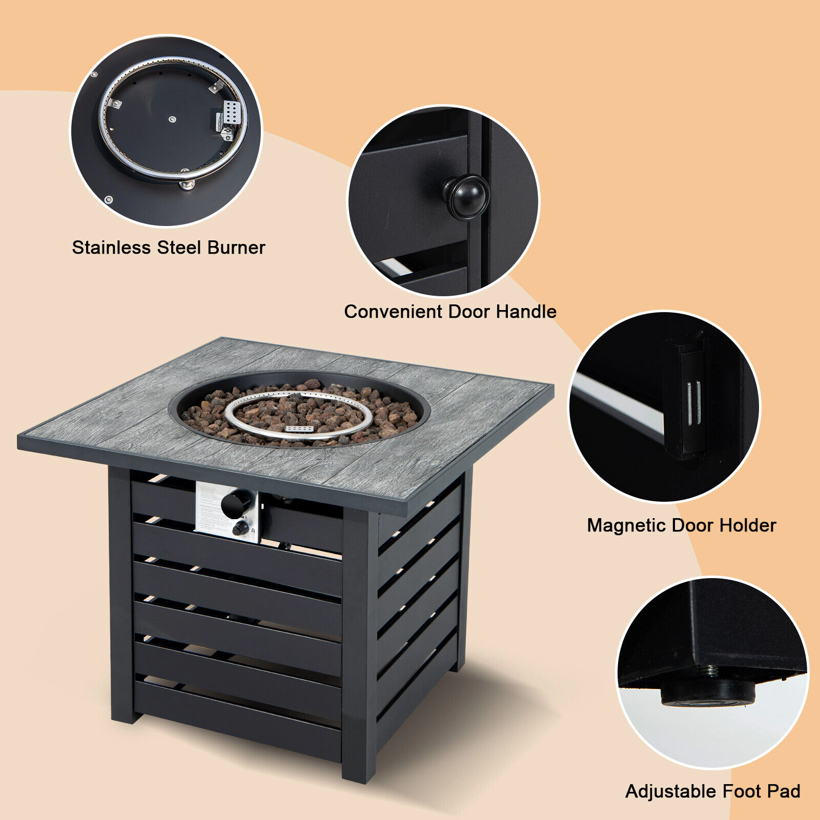 SUGIFT Square Propane Fire Pit Table 150-lb Tabletop Capacity with Lava Rocks and Rain Cover Black
