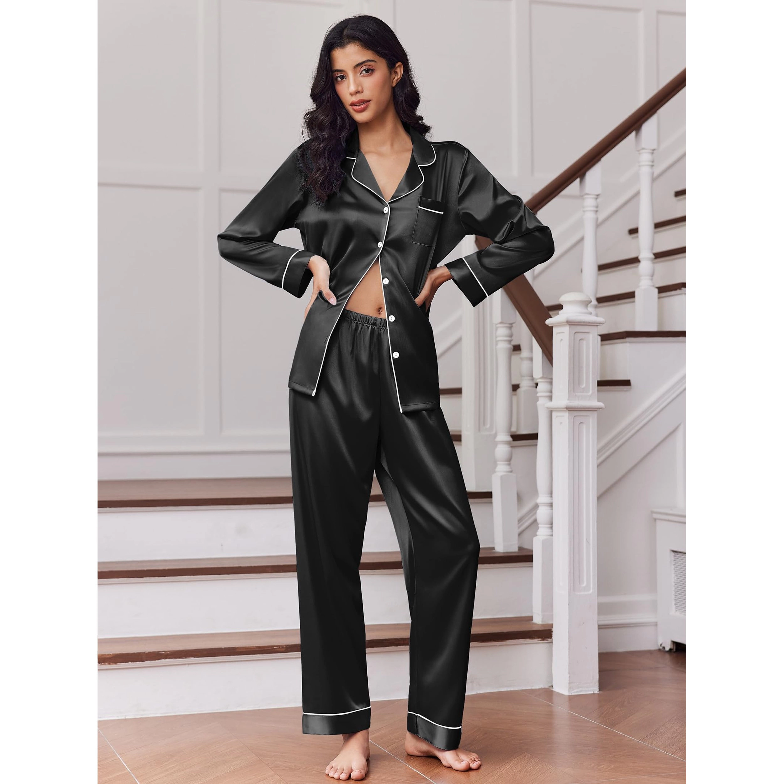 Ekouaer Women's Notched Collar Long Sleeve 2 Piece Satin Pajama Sleep Set