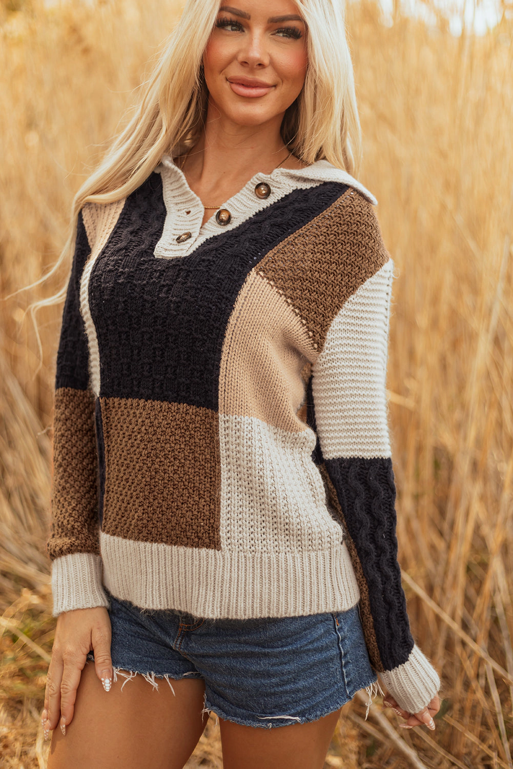 Threaded Pear Women's Paige Cable Knit Sleeve Buttons Collared Sweater