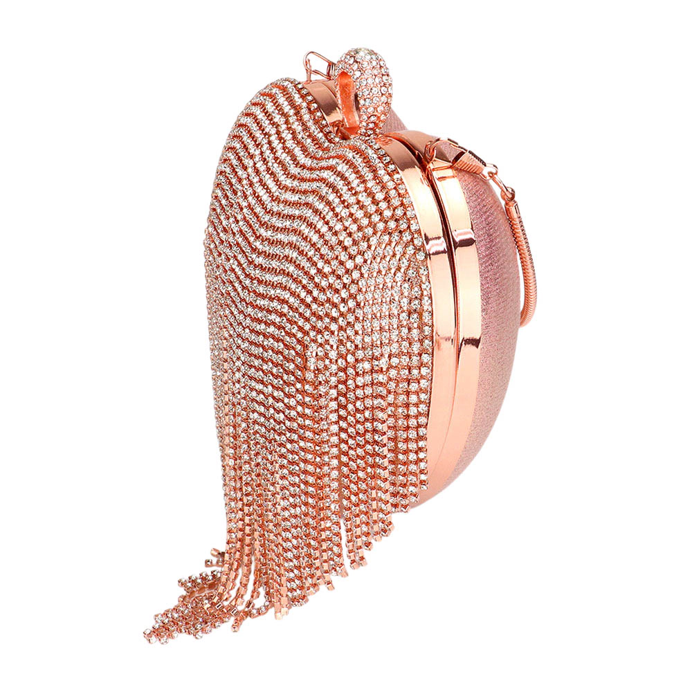 Fashnzfab Rhinestone Fringe Heart Evening Tote Clutch Crossbody Bag