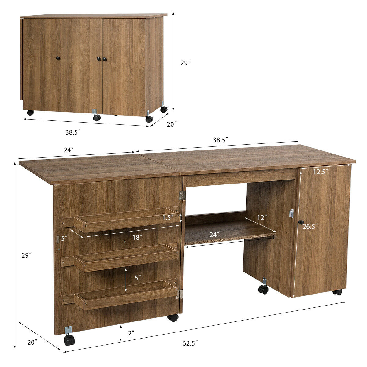 SUGIFT Folding Cabinet 3 Storage Bins Rolling Sewing Craft Table Desk 62.5-in x 20-in x 29-in Folds to 38.5-in Natural