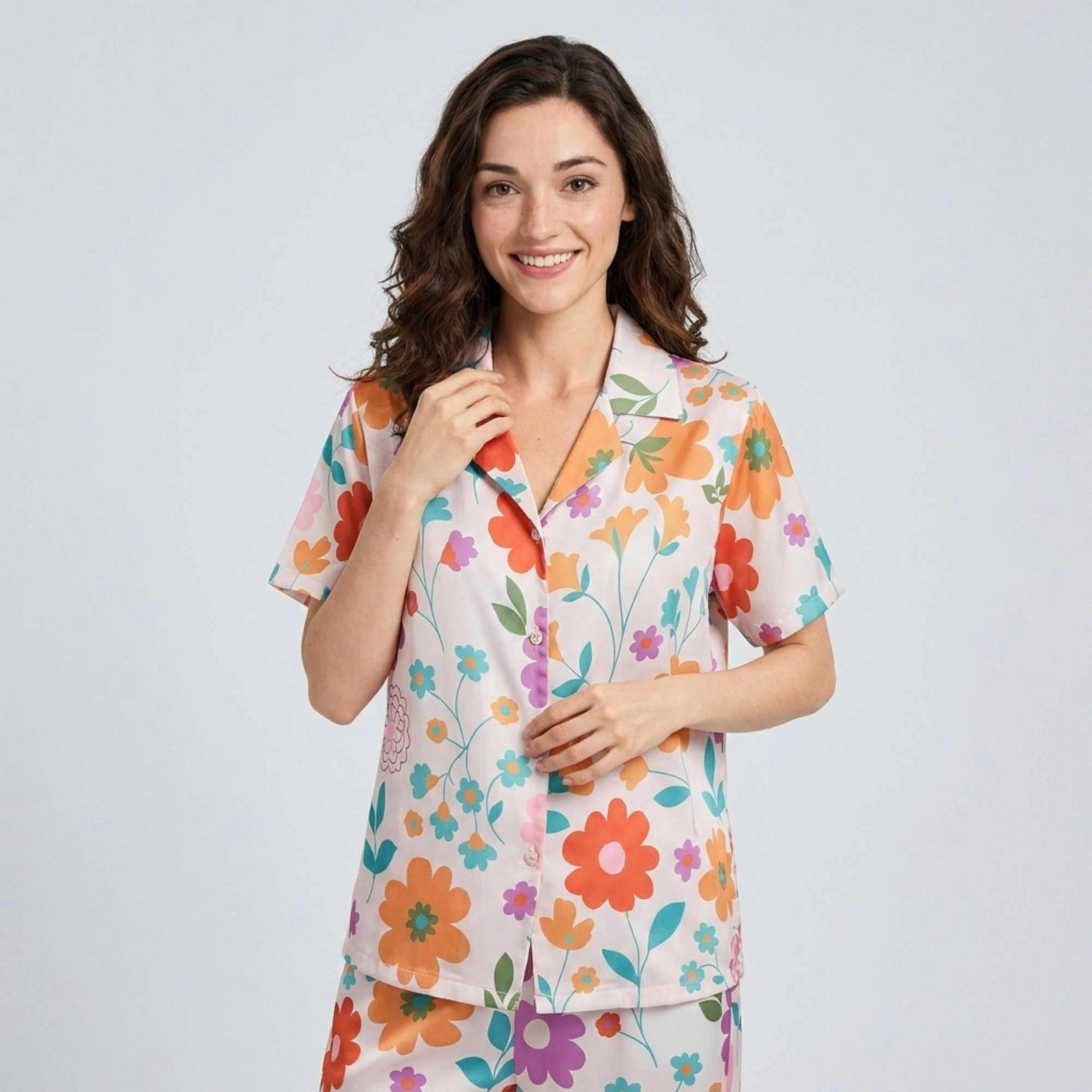 Anna-Kaci Women's 2-Piece Floral Pajama Set with Short Sleeve Button Top and Wide Leg Pants