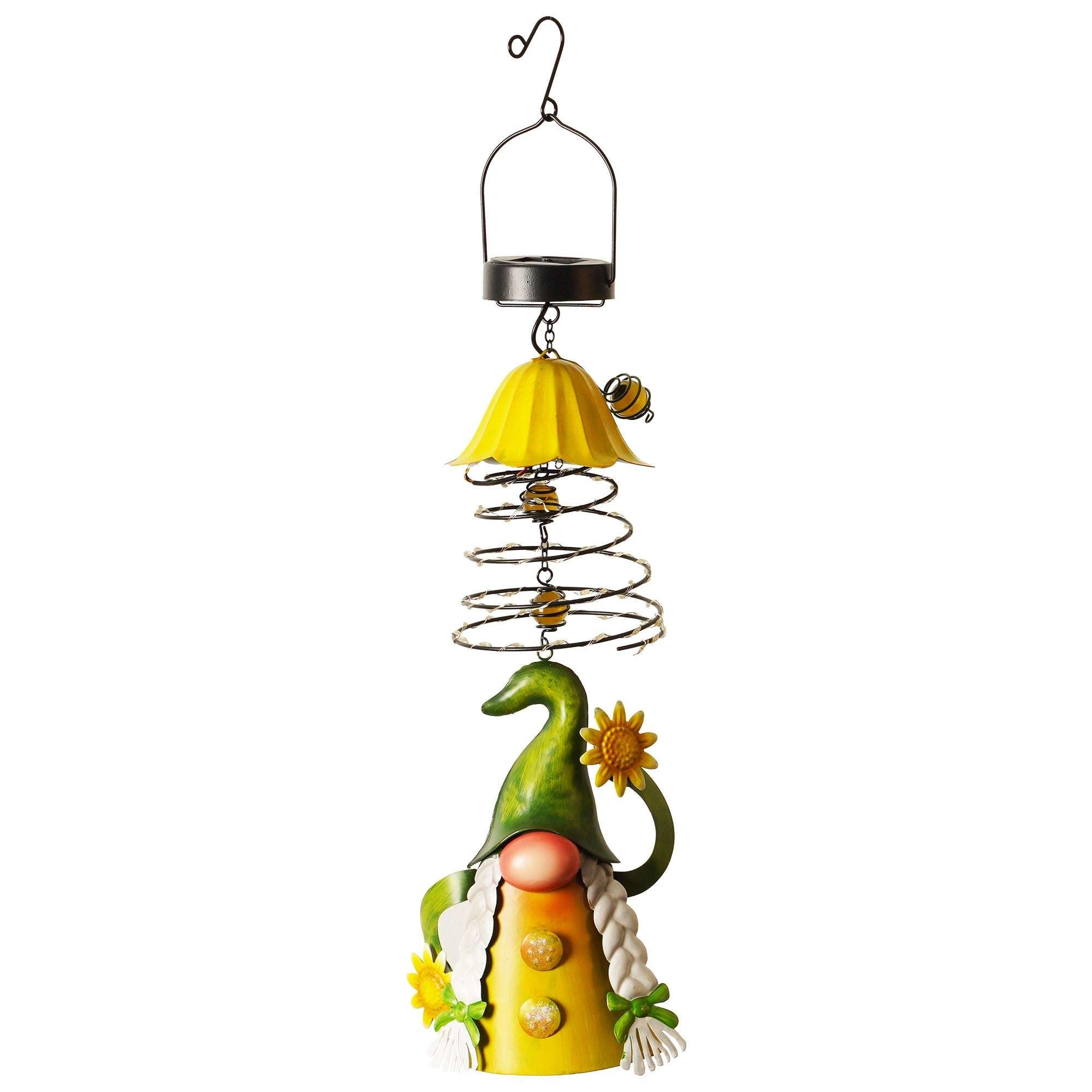 G128 Solar Hanging Garden Gnome with Sunflowers, 26in Color-Changing LED Twinkle Light, Waterproof Outdoor Holiday Decor
