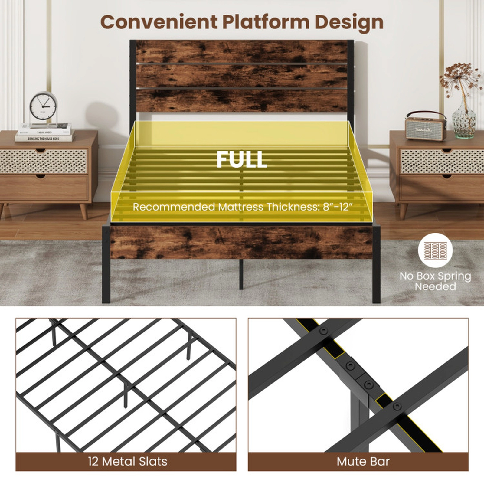 SUGIFT High Slat Headboard Mute Bar and 12 Metal Slats Bed Frame