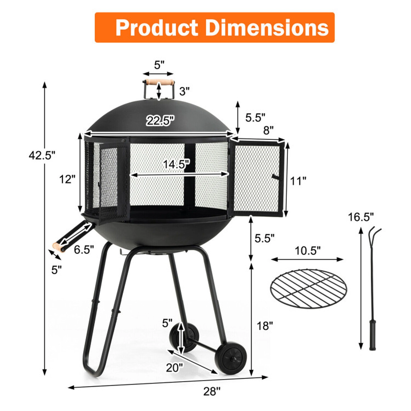 SUGIFT Portable Black Rolling Steel Fire Pit with Log Grate and Mesh Spark Cover 27-in W 20-in D 42.5-in H
