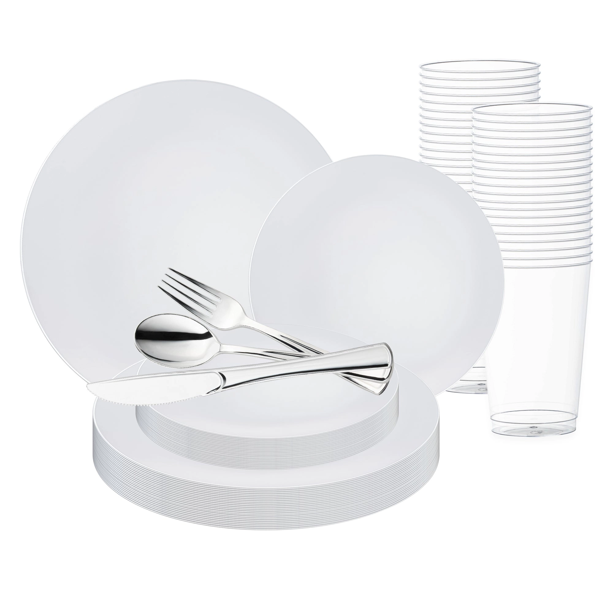 Smarty Had A Party White with Silver Rim Organic Round Disposable Plastic Wedding Value Set