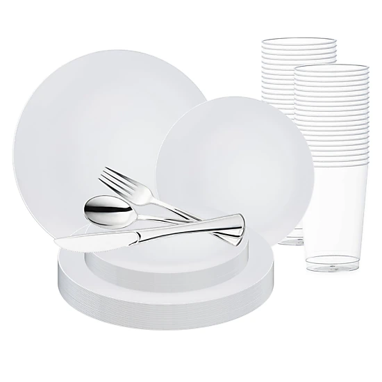 Smarty Had A Party White with Silver Rim Organic Round Disposable Plastic Wedding Value Set