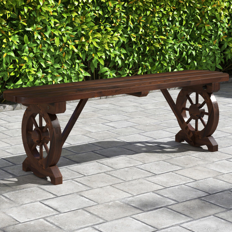 Hivvago Patio Rustic Wood Bench With Wagon Wheel Base