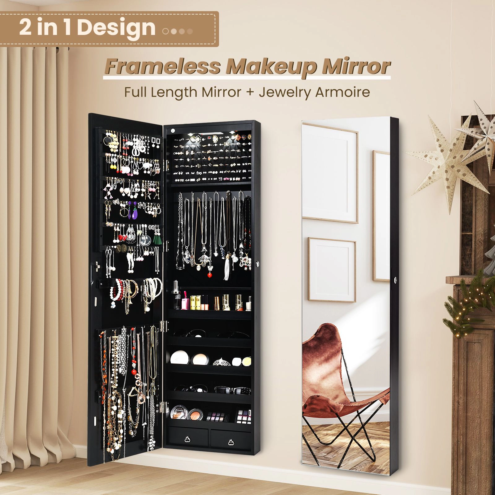 SlickBlue Large Jewelry Storage Cabinet with Full Body Mirror for Bedroom & Dressing Area