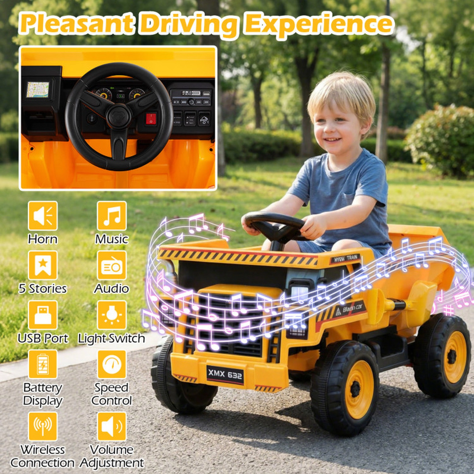 SUGIFT 24V Construction Ride-On Dump Truck Car with Remote Control 66-lb Capacity Ages 3-8 Yellow and Black