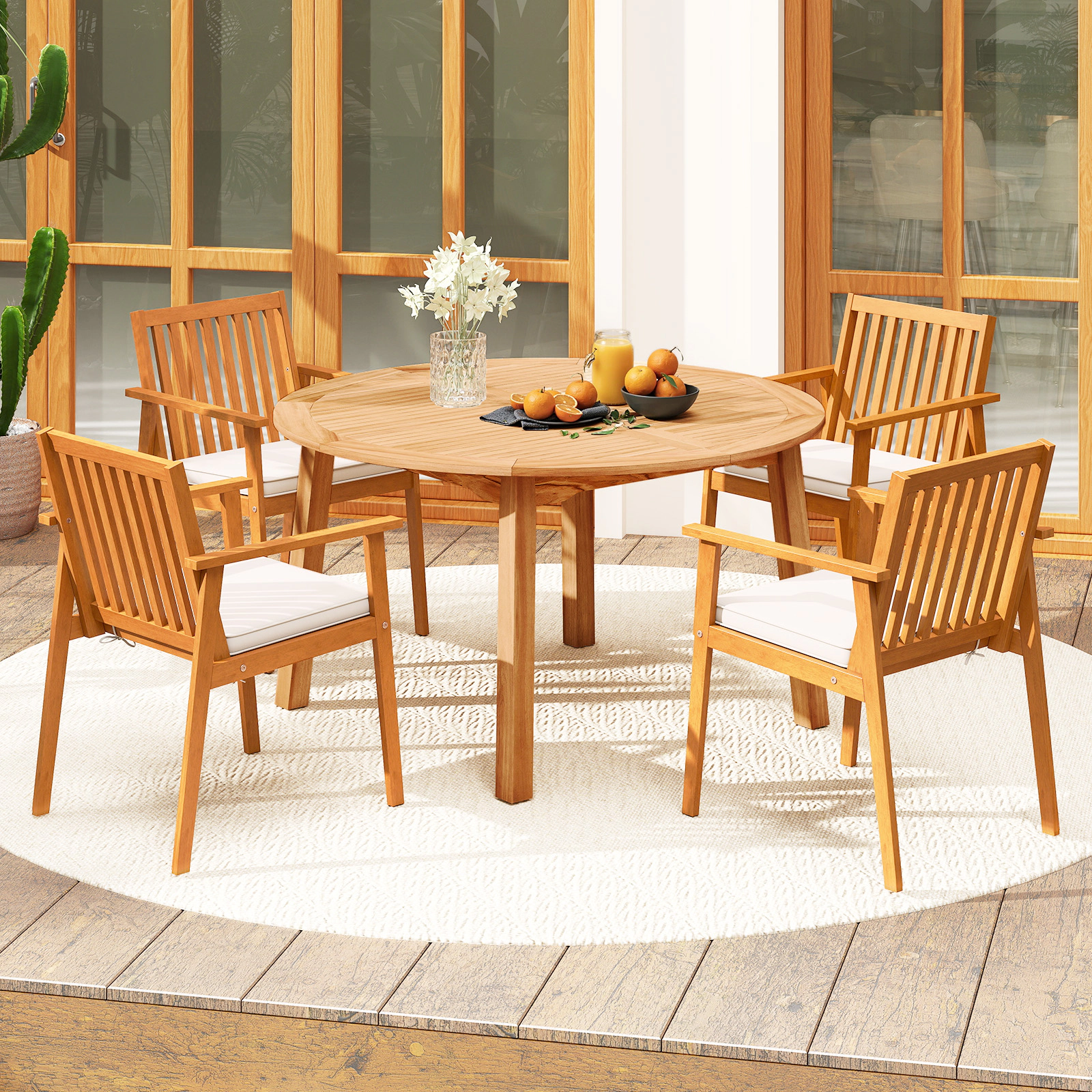 LJG 5 Pieces Acacia Wood Patio Dining Set with Umbrella Hole