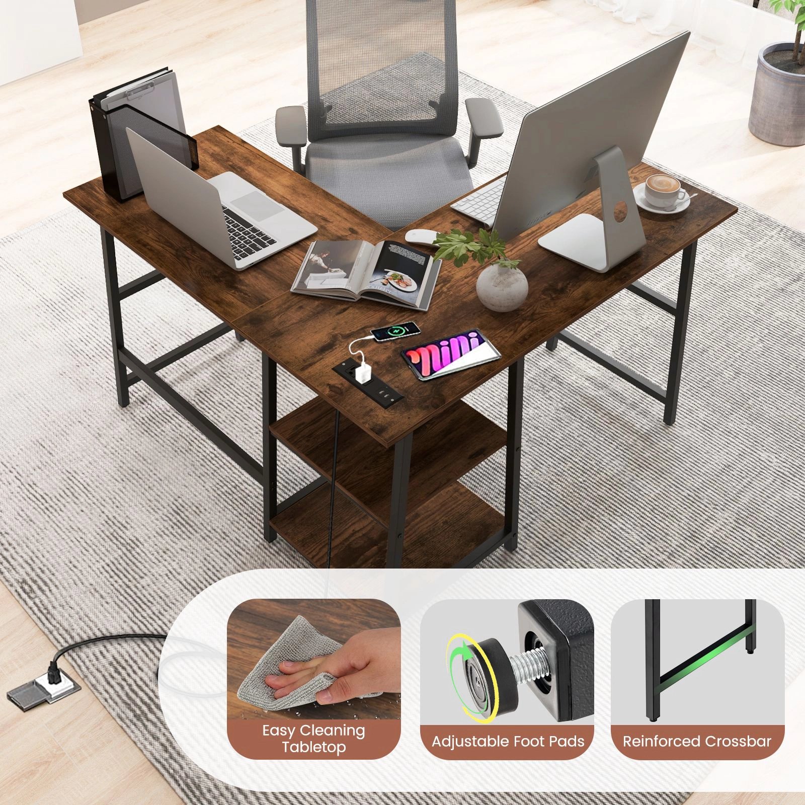 SlickBlue Corner Computer Desk with Shelves, Metal Frame and Footrest