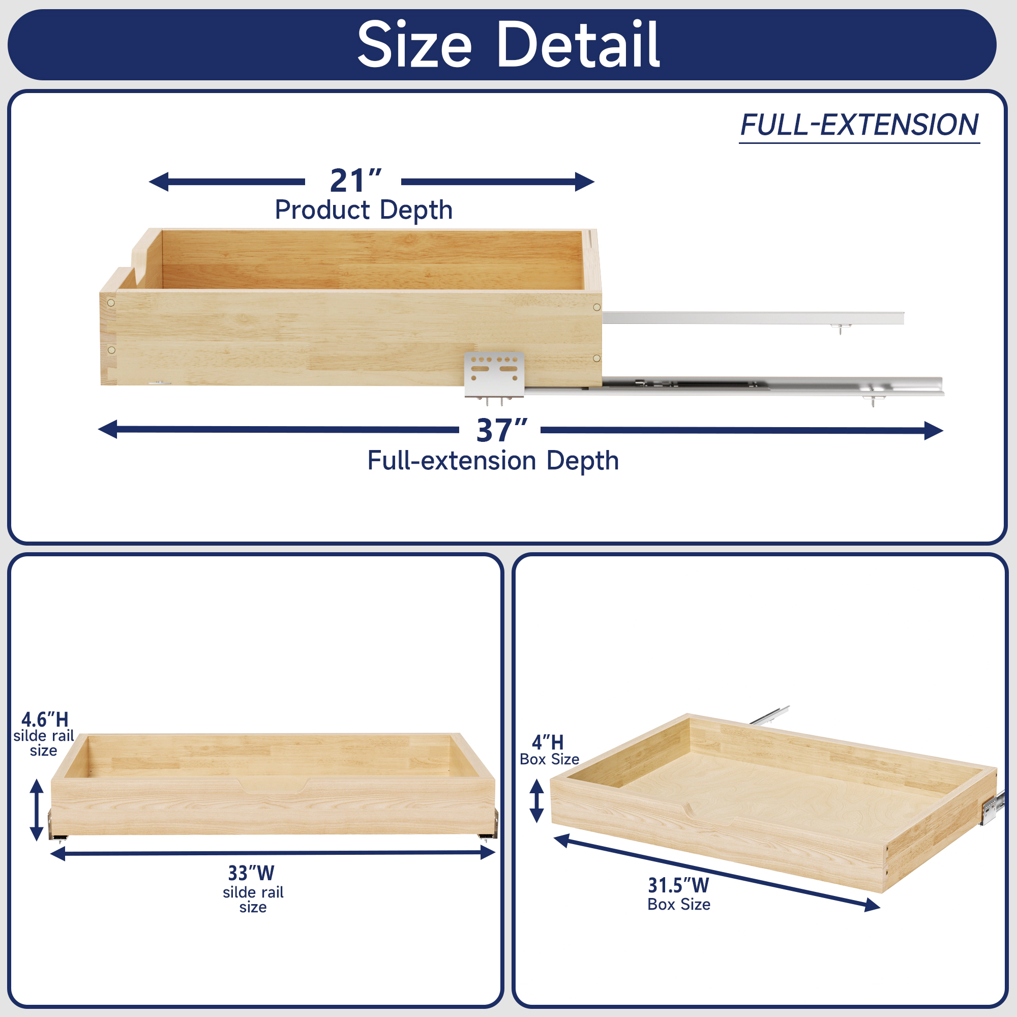 Tinyhomie 19.5 In W x 21 In D x 4 In H Solid Wood Pull Out Cabinet Organizer Slide Out Drawer with Soft Close Glides