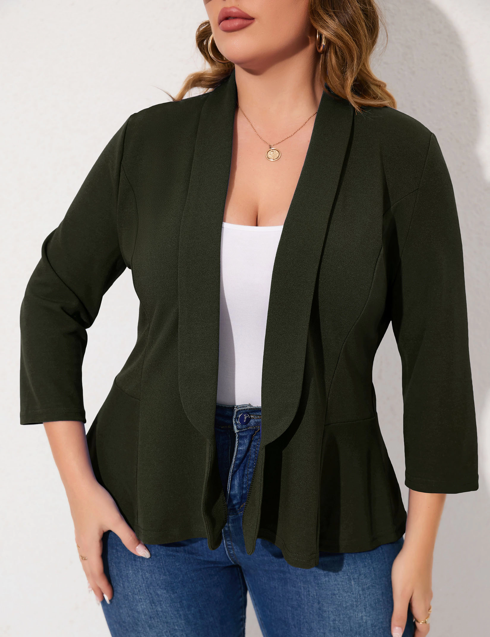KOJOOIN Womens Blazer Plus Peplum, 3/4 Sleeve Lapel Open Front Lightweight Casual Work Jacket