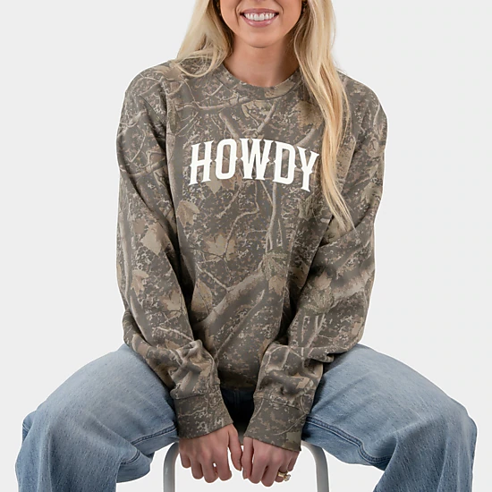 Simply Sage Market - Howdy Arched Puff - Women's Camo Sweatshirt