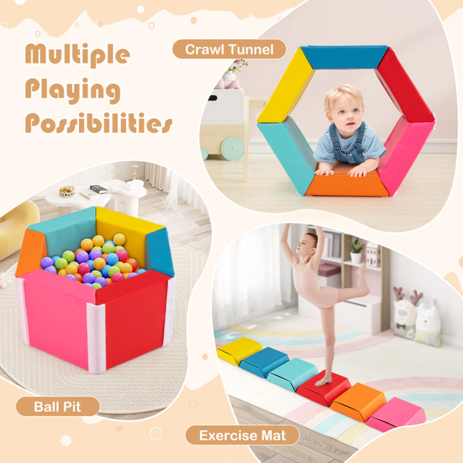 SUGIFT 6-Piece Hexagon Foam Ball Pit and Kids Exercise Mat with Detachable PU Covers and Crawl Tunnel
