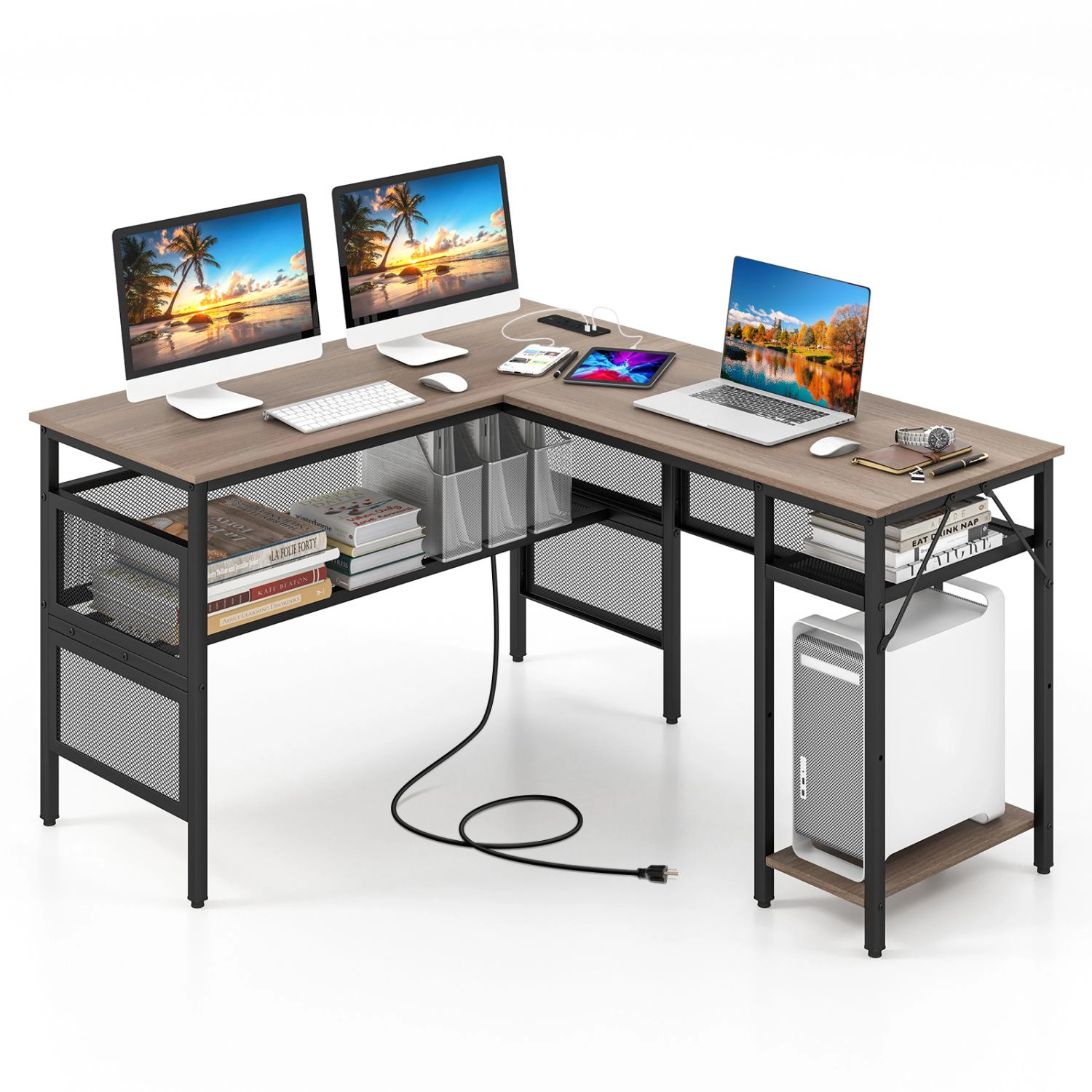 SlickBlue L-Shaped Computer Desk with Charging Station