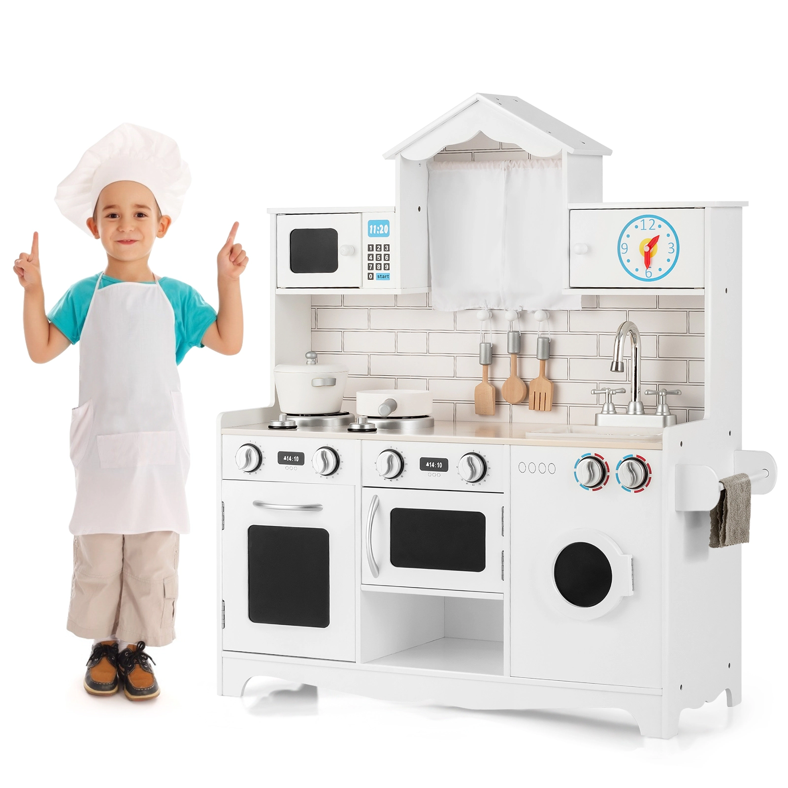 SUGIFT Wooden Kids Kitchen Playset Washing Machine Microwave Oven Sink & Gas Stoves 36.5-in Tall Ages 3 Years+ White