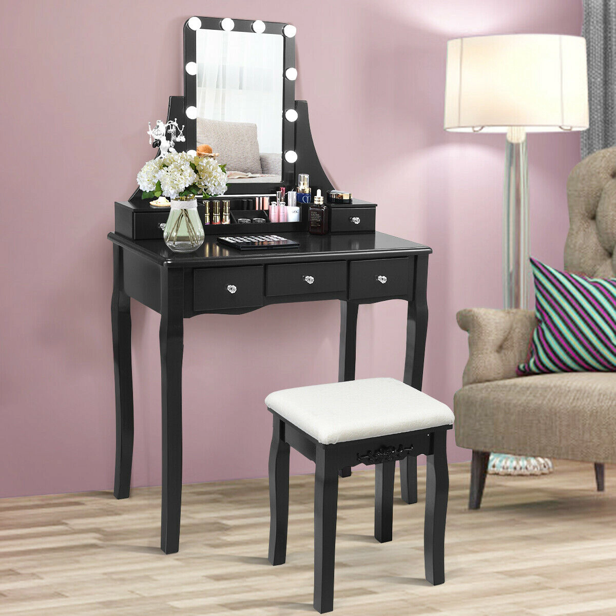 SUGIFT 10 Dimmable Light Bulbs Vanity Dressing Table Storage Box & Cushioned Stool 286-lb Table 250-lb Stool Capacity