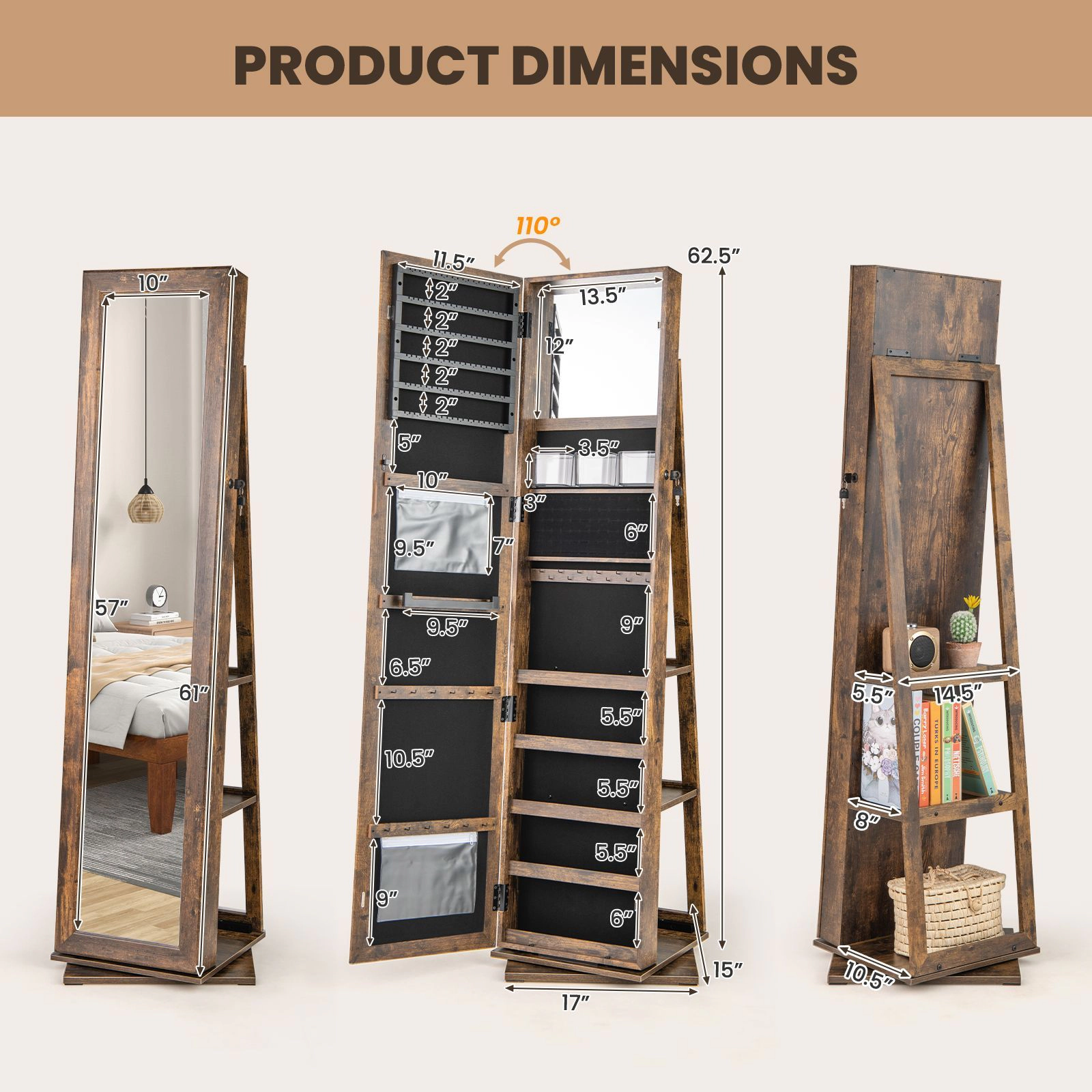 SlickBlue Women's 3-in-1 Swivel Jewelry Armoire with Full-Length Mirror