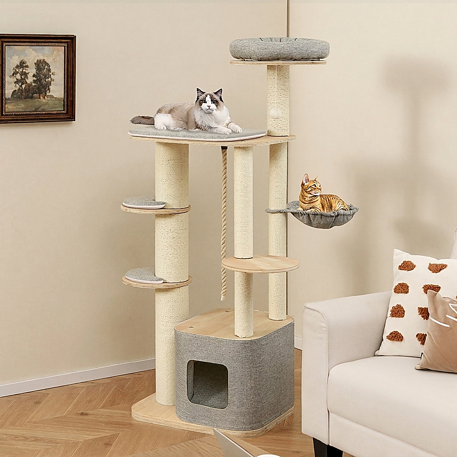 SUGIFT 63-in Tall Modern Wooden Cat Tree Tower with Condo Hammock Perches 33-lb Capacity Each Layer Natural+Gray