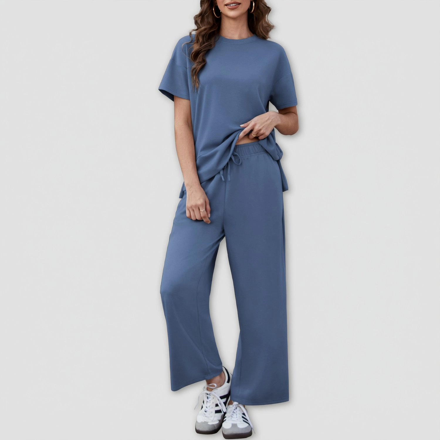 Pinspark Womens Casual Short Sleeve Tops Solid Wide Leg Pants Loose Lounge Sets