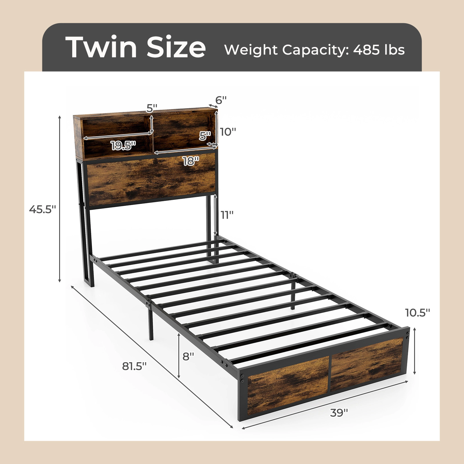 SUGIFT Twin Size Bed Frame with Storage Headboard 485-lb Capacity Rustic Brown